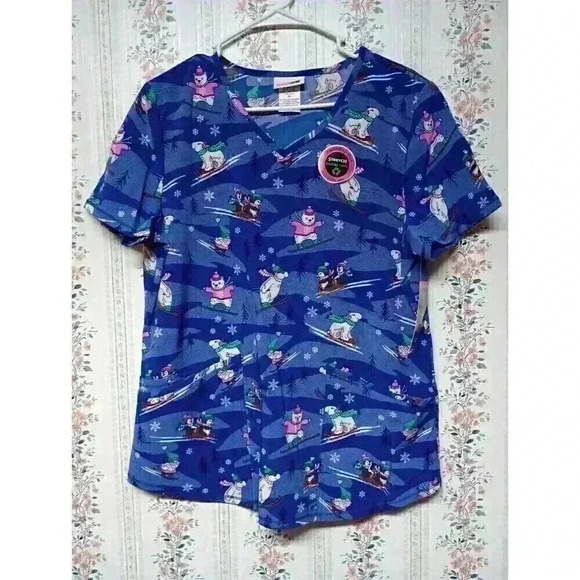 Scrubstar Women's Christmas Polar Bear Penguin V-Neck Print Scrub Top Size M - Picture 1 of 6